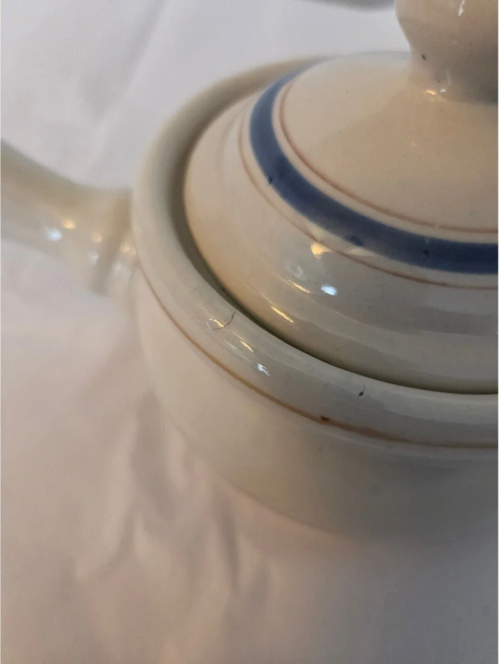Vintage Ceramic Saucepan with Lid and Handle, Cream and Blue Stripes